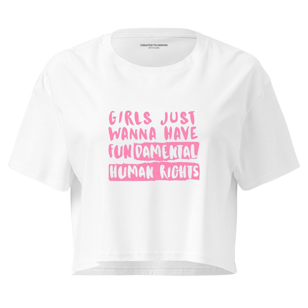 White t-shirt with pink text on a white background
