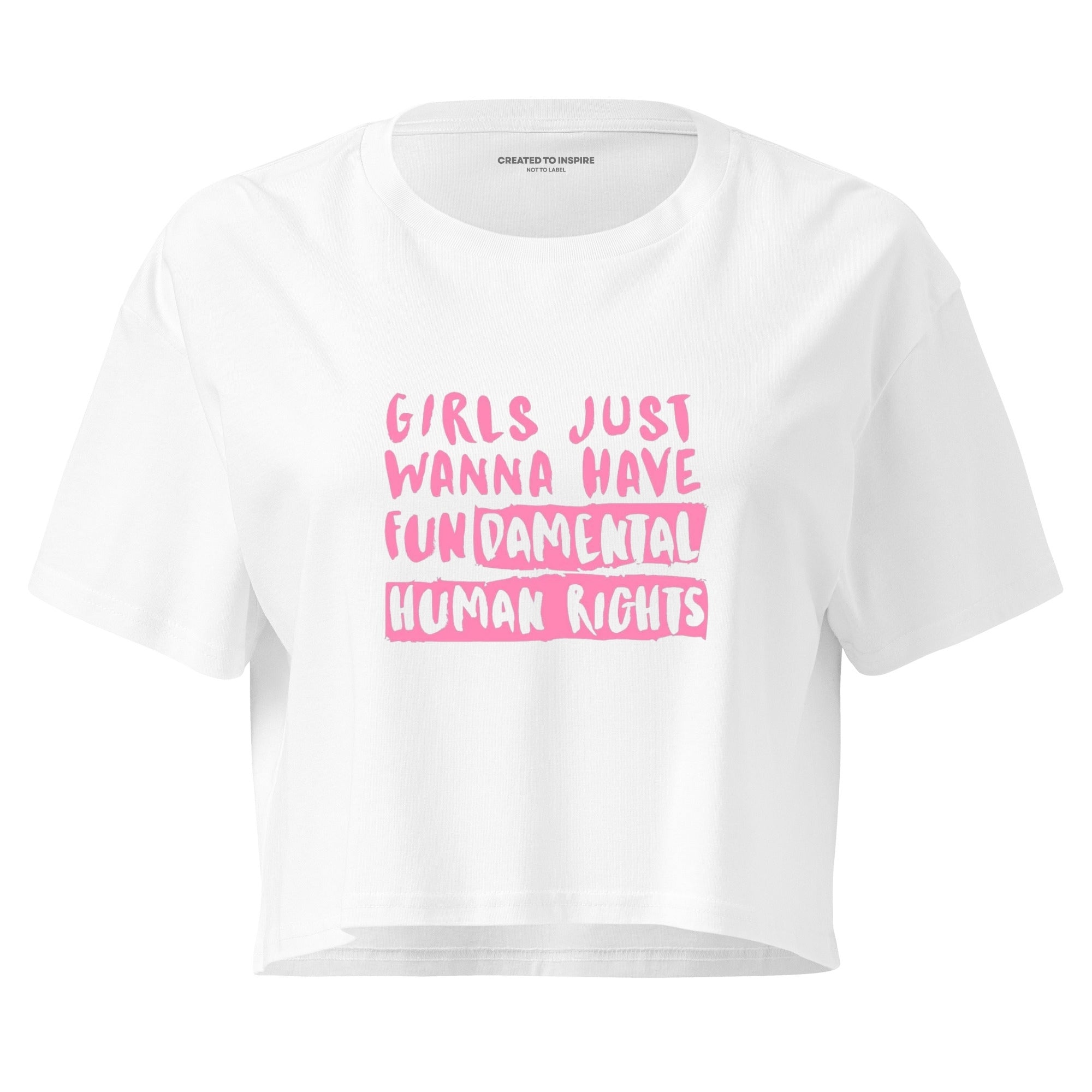 White t-shirt with pink text on a white background
