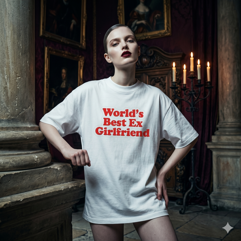 Person wearing a white t-shirt with 'World's Best Ex Girlfriend' text in a dark, ornate room.