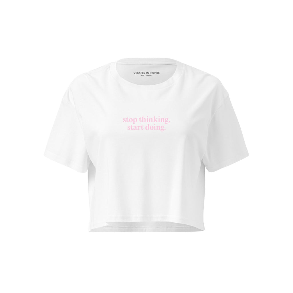 White t-shirt with pink text on a white background