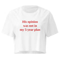 White t-shirt with red text on a white background