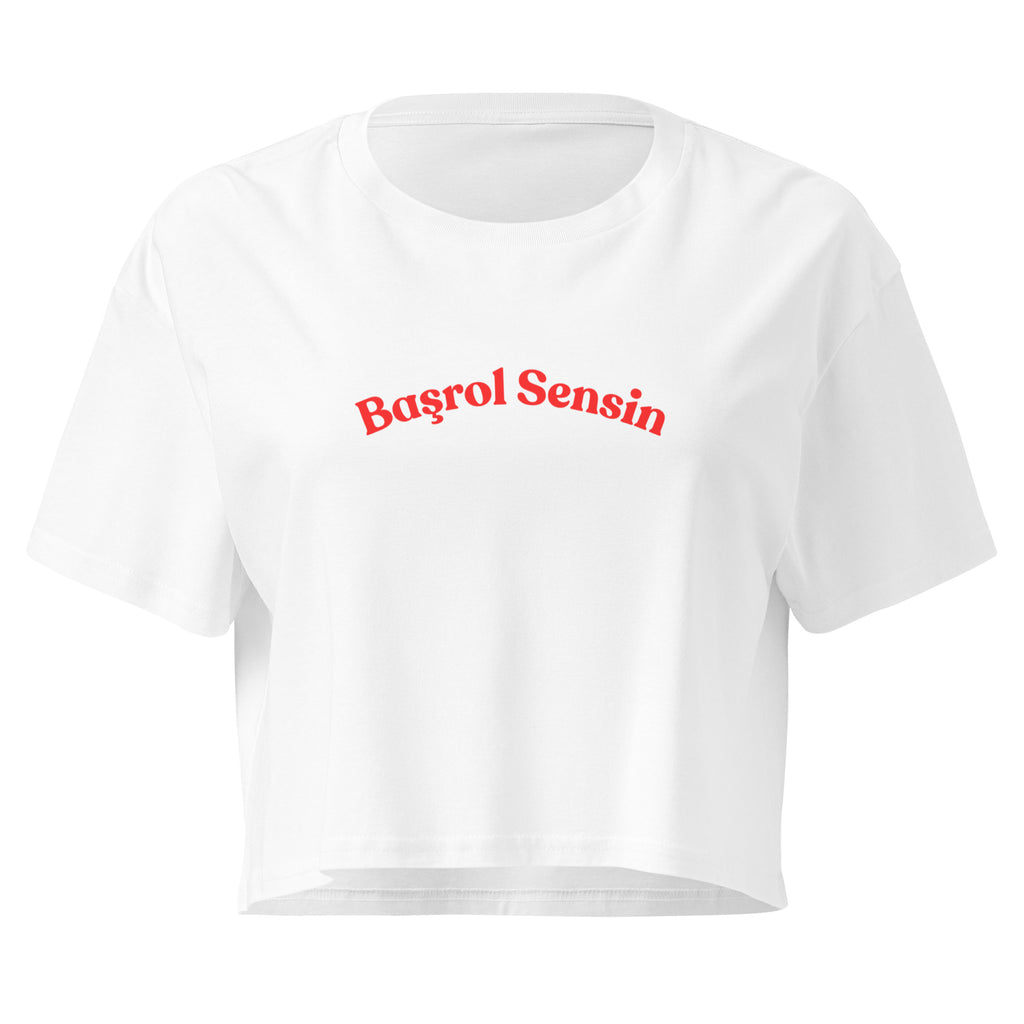 White crop top with red text 'Basrol Sensin' on a white background