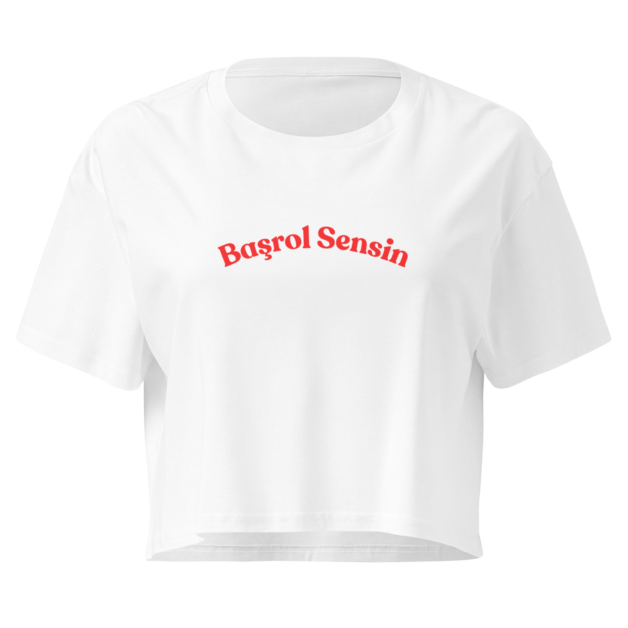 White crop top with red text 'Basrol Sensin' on a white background