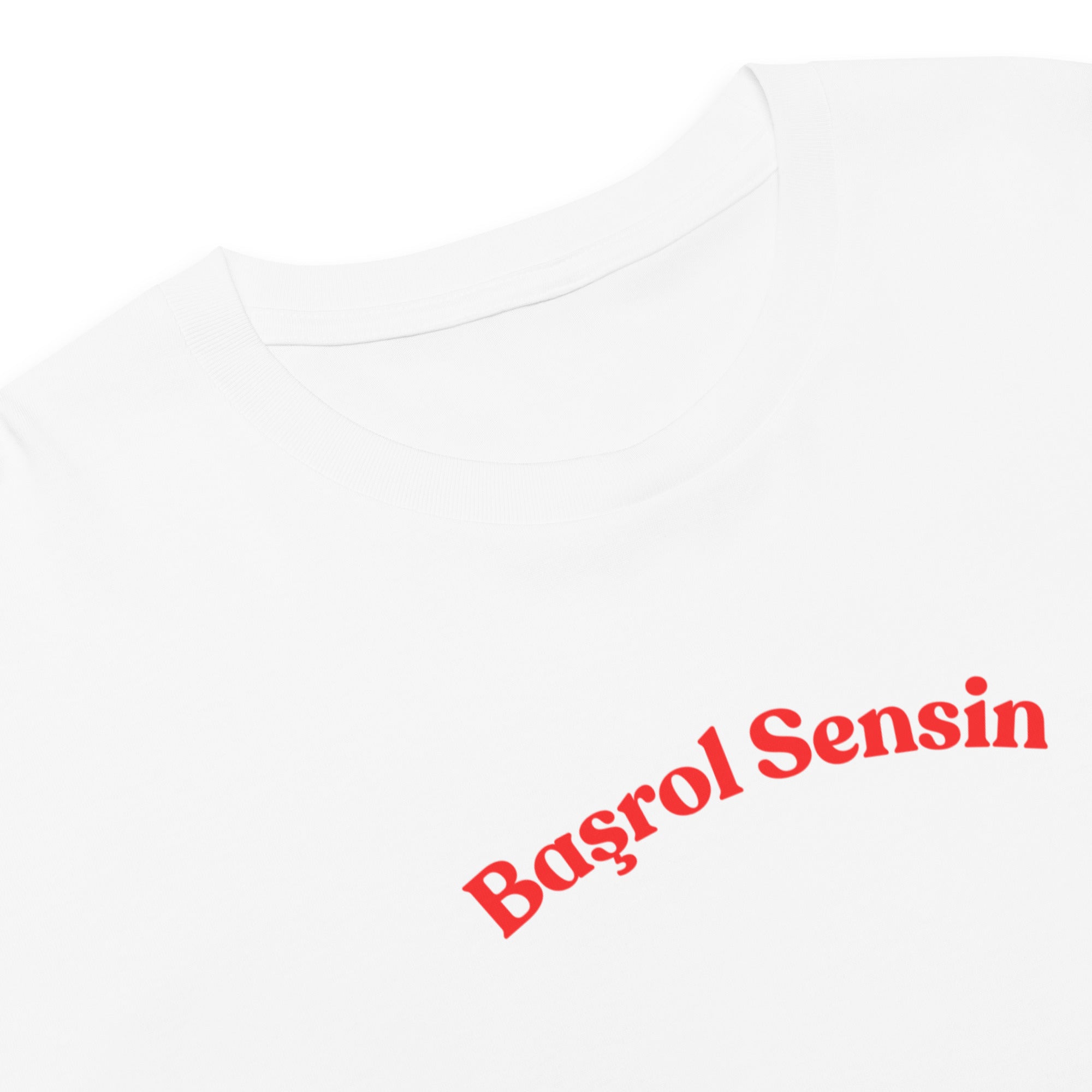 White t-shirt with red text 'Basrol Sensin' on a white background